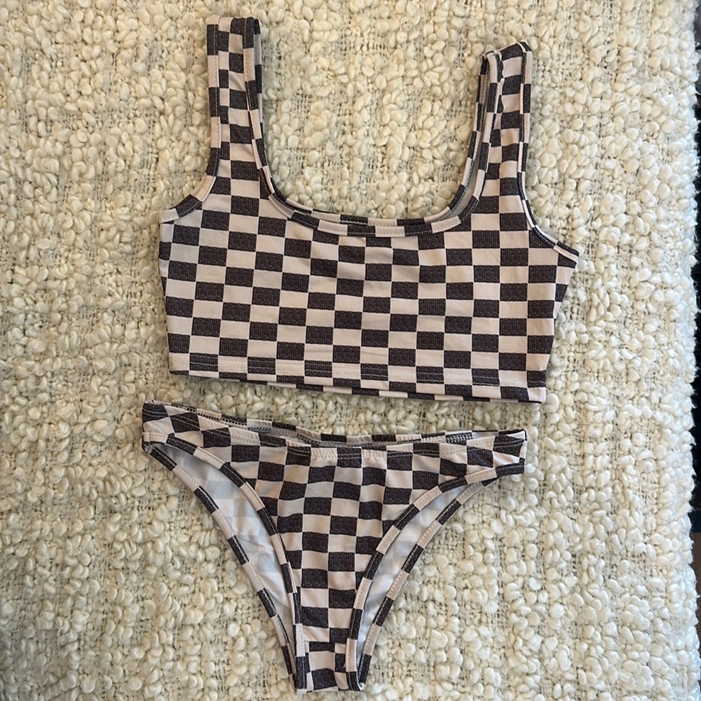 Never Worn Off White / Gray Checkered Swimsuit - Size S